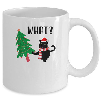 Funny Black Cat Gift Pushing Christmas Tree Over Cat What? Mug-Coffee Mug-Mug-White