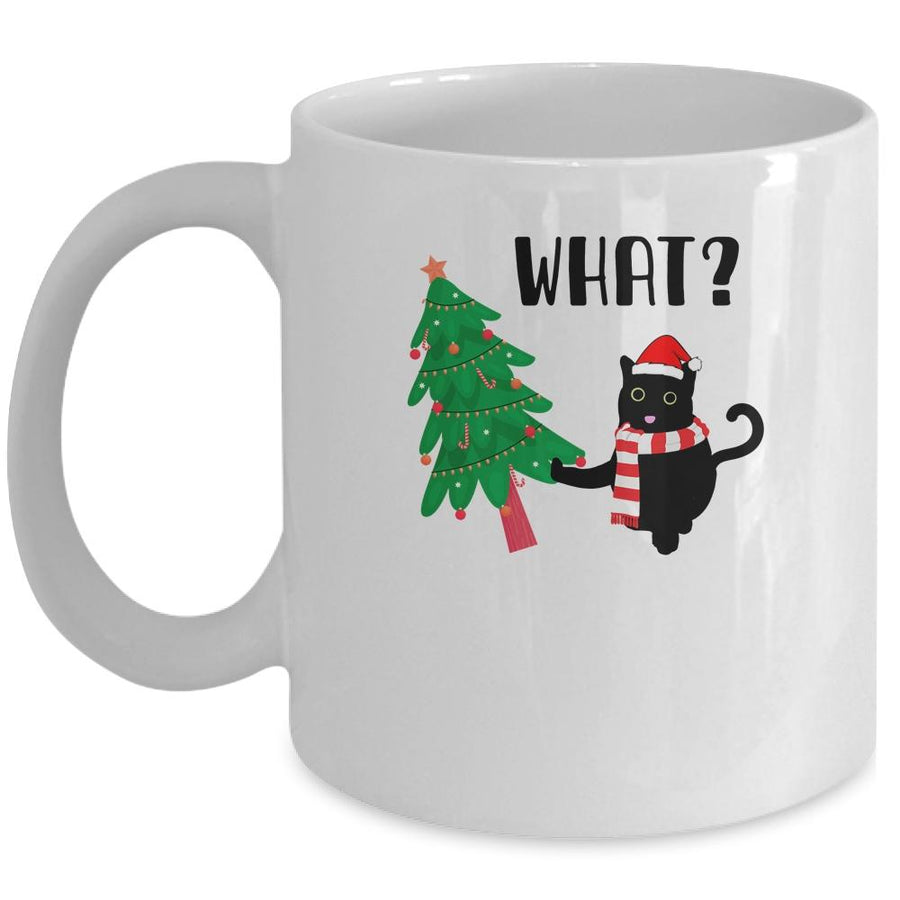 Funny Black Cat Gift Pushing Christmas Tree Over Cat What? Mug-Coffee Mug-Mug-White