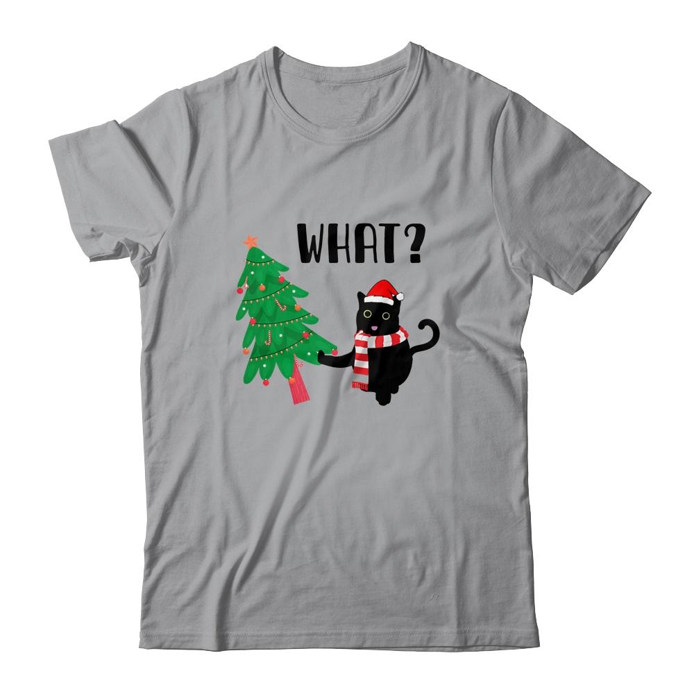 Funny Black Cat Gift Pushing Christmas Tree Over Cat What?-T-Shirt & Sweatshirt-Classic T-Shirt-Sport Grey