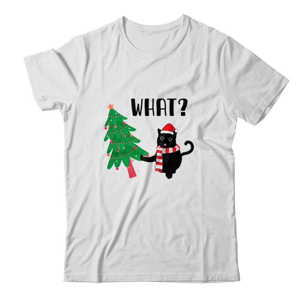 Funny Black Cat Gift Pushing Christmas Tree Over Cat What?-T-Shirt & Sweatshirt-Classic T-Shirt-White