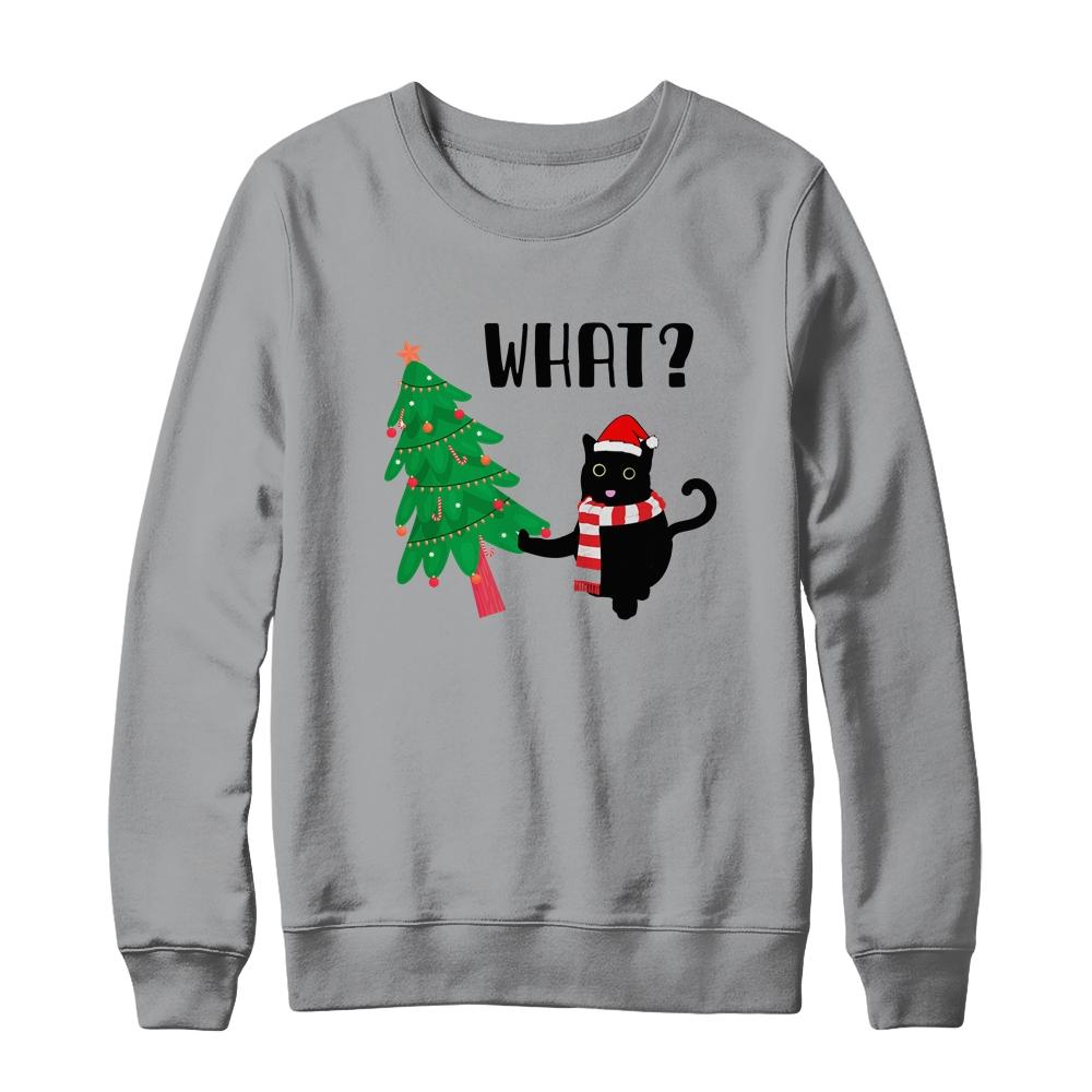 Funny Black Cat Gift Pushing Christmas Tree Over Cat What?-T-Shirt & Sweatshirt-Crewneck Sweatshirt-Sport Grey