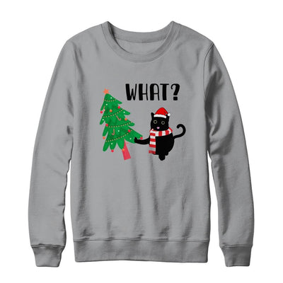Funny Black Cat Gift Pushing Christmas Tree Over Cat What?-T-Shirt & Sweatshirt-Crewneck Sweatshirt-Sport Grey