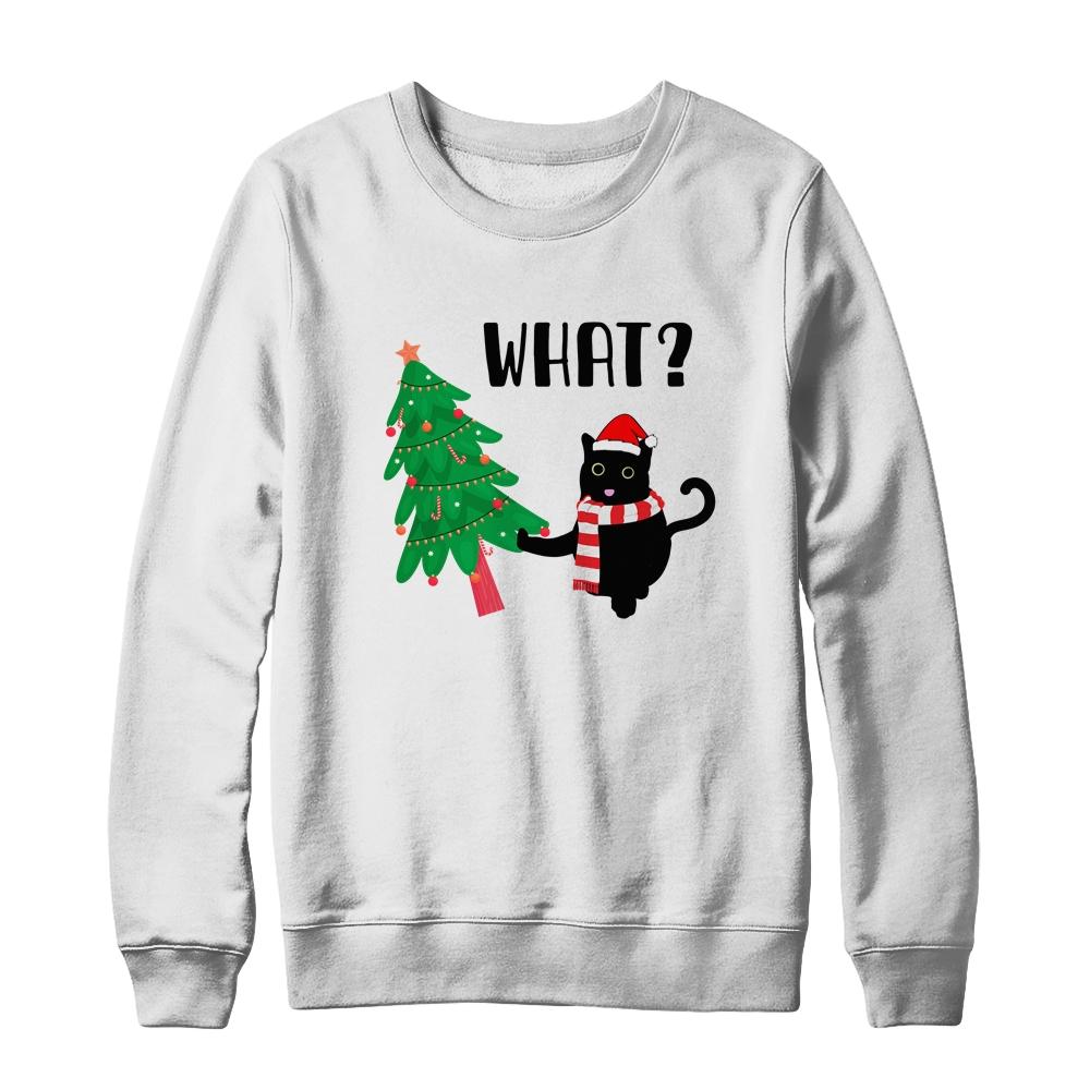 Funny Black Cat Gift Pushing Christmas Tree Over Cat What?-T-Shirt & Sweatshirt-Crewneck Sweatshirt-White