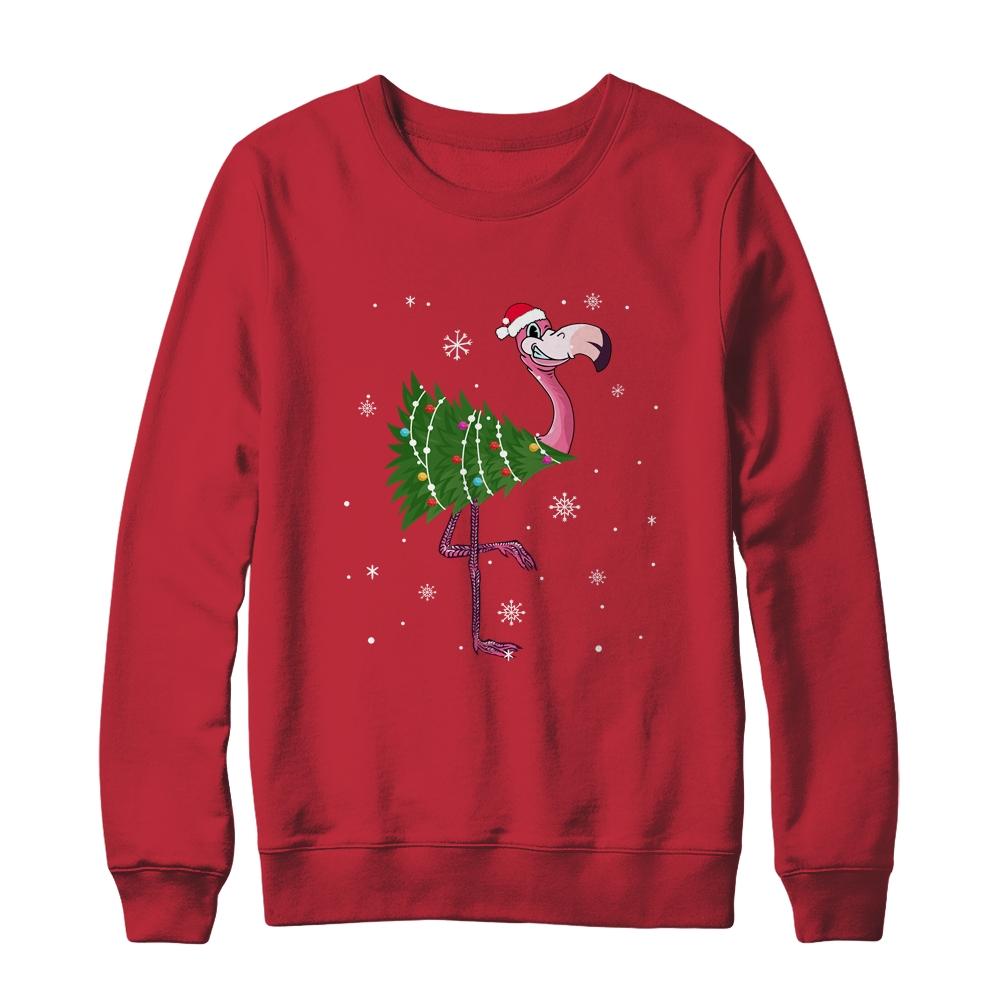 Funny Flamingo Christmas Tree Xmas Light Gift-T-Shirt & Sweatshirt-Crewneck Sweatshirt-Red