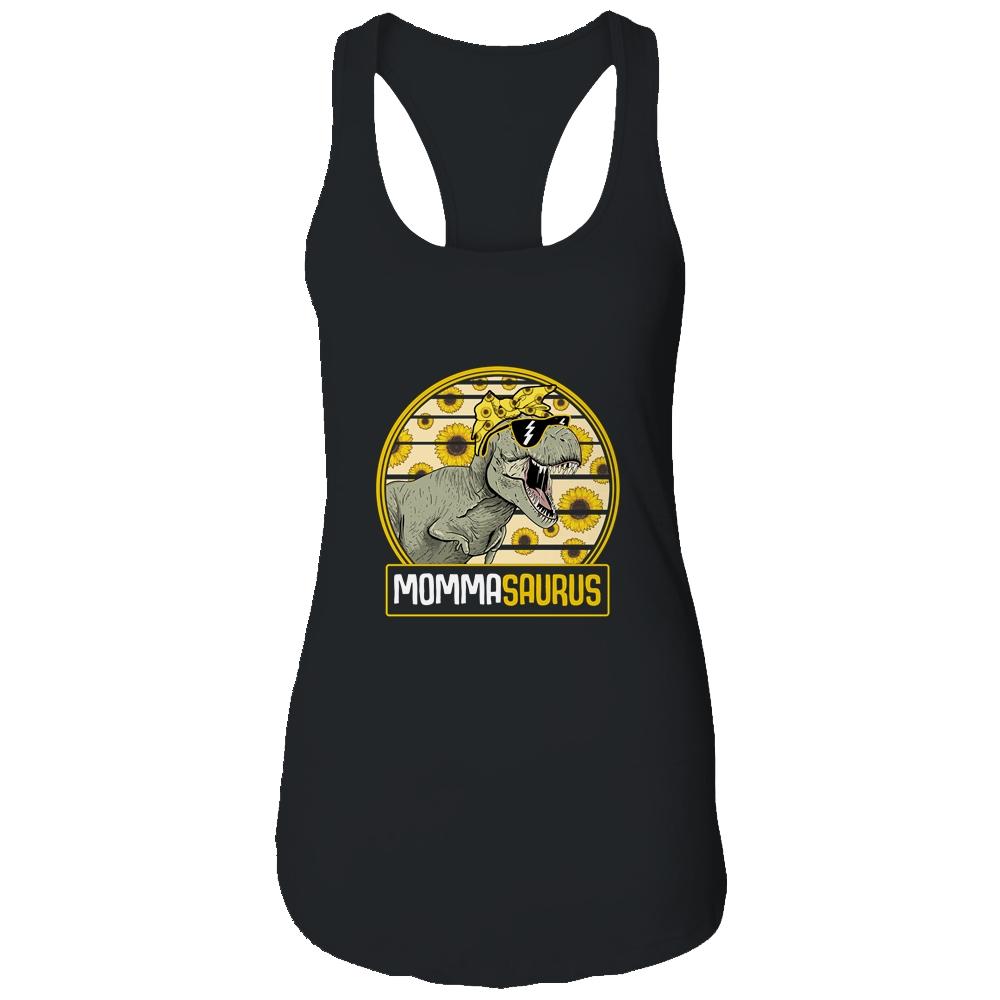 Funny Momma Saurus Sunflower Dinosaur Mom T Rex-T-Shirt & Tank Top-Women's Ideal Racerback Tank-Black