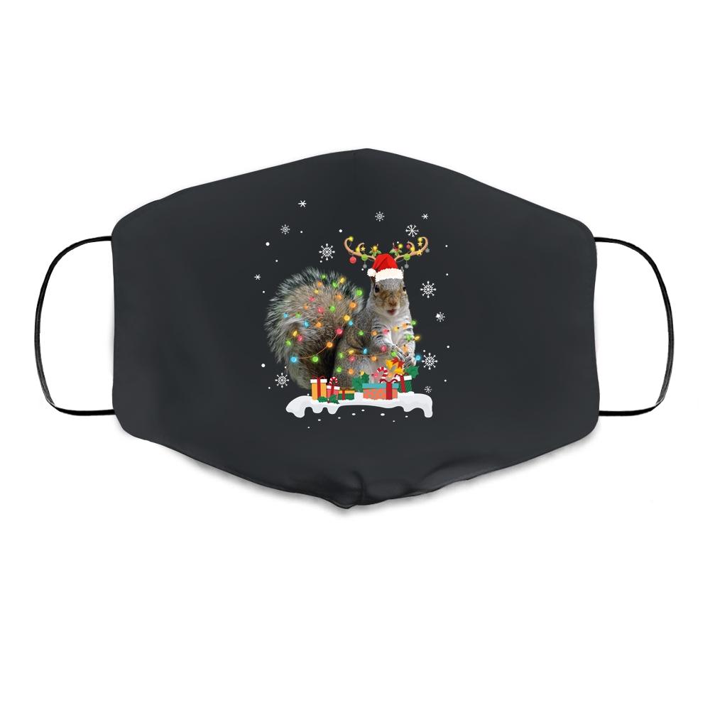 Funny Squirrel Christmas Reindeer Christmas Lights Pajama Cloth Face Mask-Cloth Face Mask-Cloth Face Mask-Black