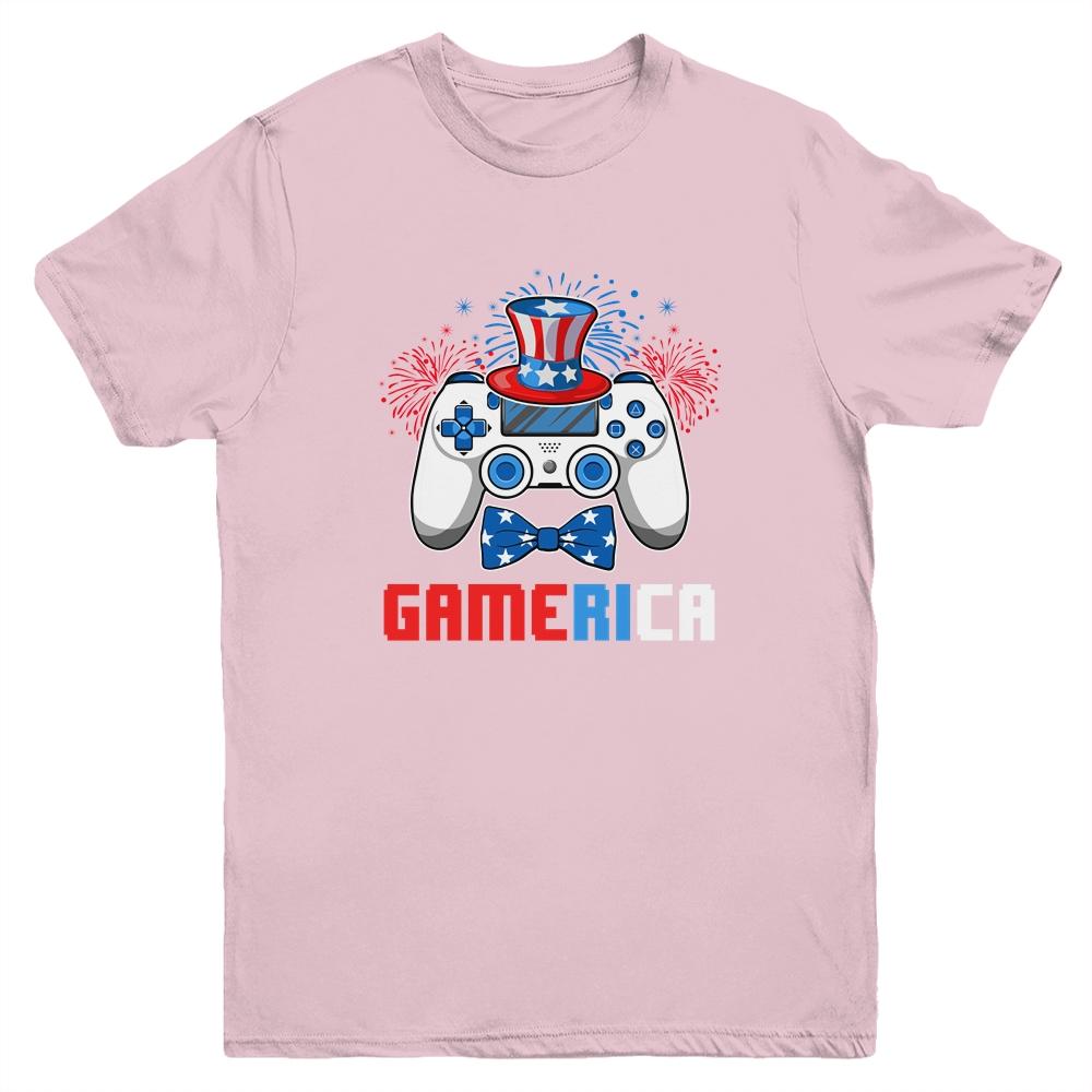 Gamerica 4th of July Video Game American Flag Boys Youth-Youth Shirt-Youth T-Shirt-Light Pink