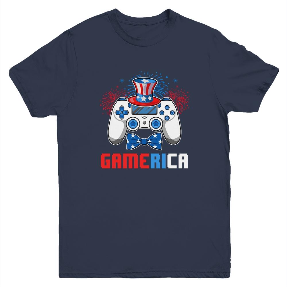 Gamerica 4th of July Video Game American Flag Boys Youth-Youth Shirt-Youth T-Shirt-Navy