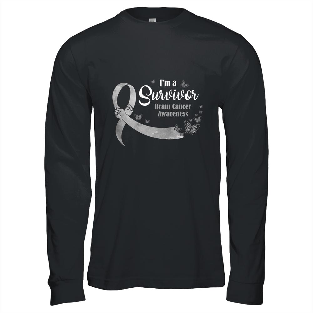 Gray Butterfly I'm A Survivor Brain Cancer Awareness-T-Shirt & Hoodie-Long Sleeve T-Shirt-Black