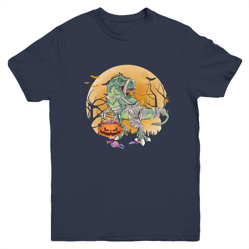 Halloween For Boys Kids Dinosaur T Rex Mummy Pumpkin Youth-Youth Shirt-Youth T-Shirt-Navy