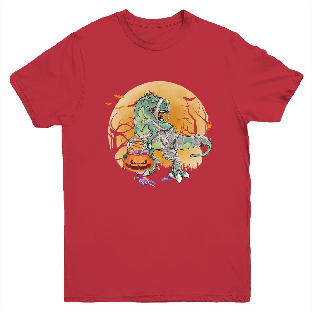 Halloween For Boys Kids Dinosaur T Rex Mummy Pumpkin Youth-Youth Shirt-Youth T-Shirt-Red