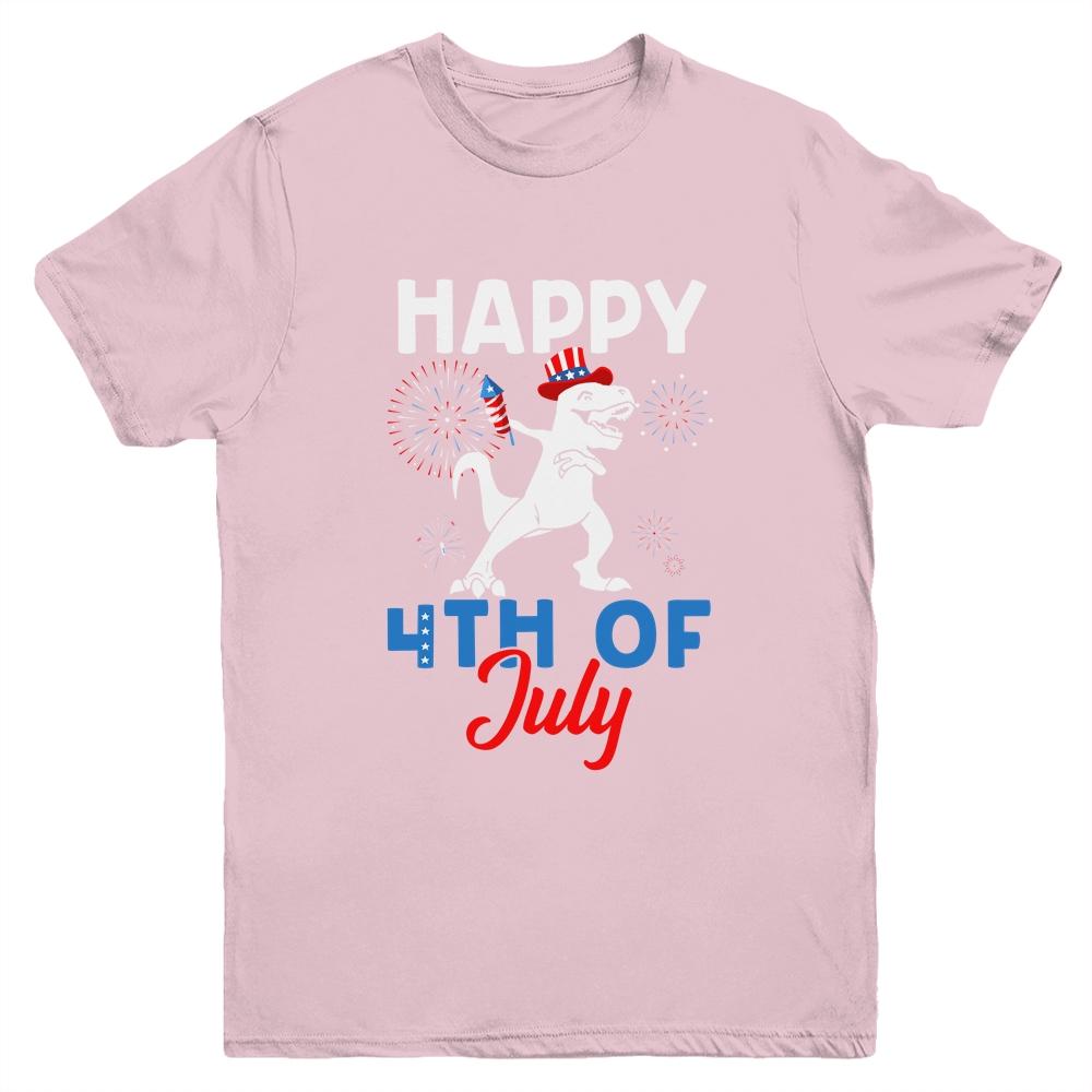 Happy 4th Of July T Rex Patriotic Funny Boys Kids Youth-Youth Shirt-Youth T-Shirt-Light Pink