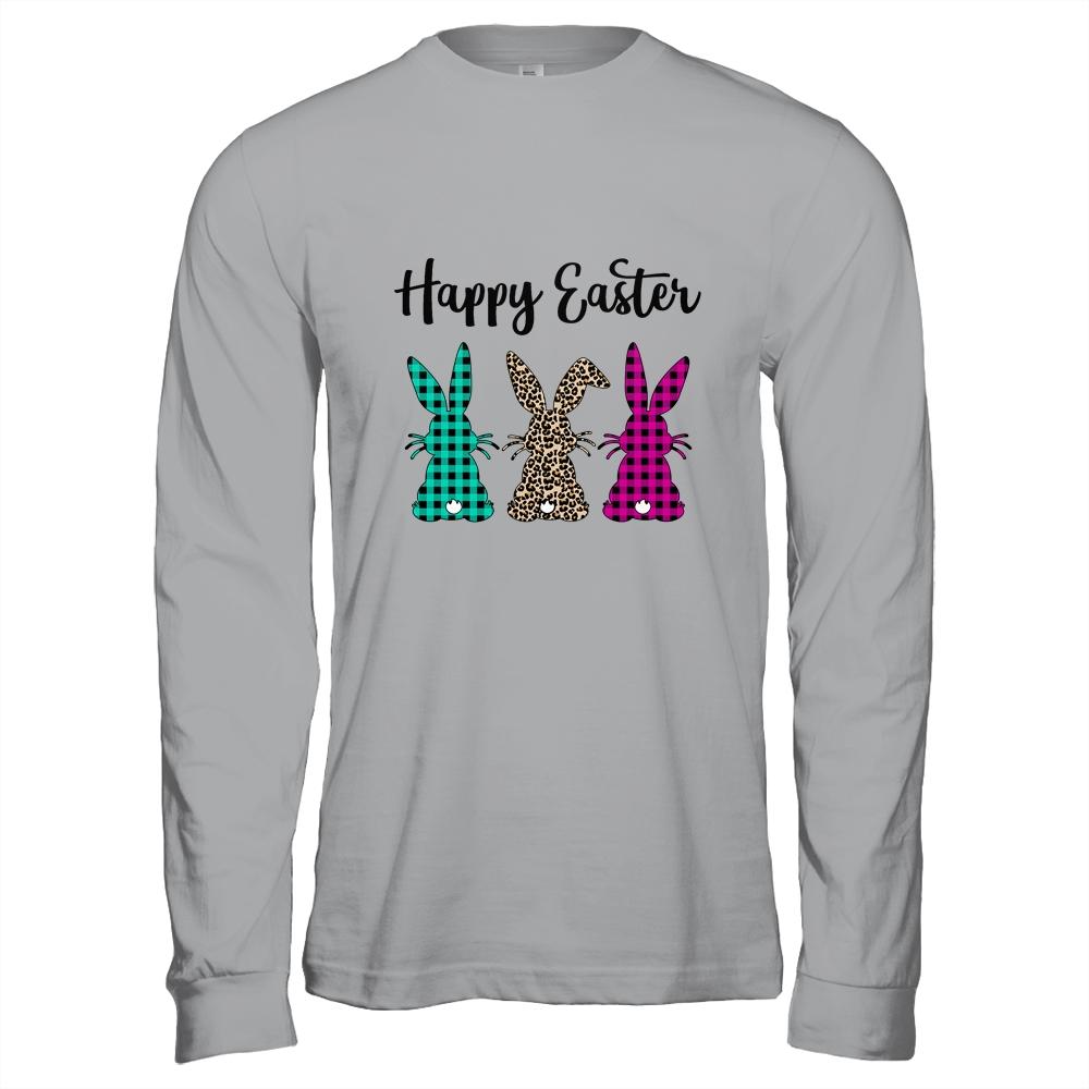 Happy Easter Buffalo Plaid Leopard Print Easter Bunnies-T-Shirt & Hoodie-Long Sleeve T-Shirt-Sport Grey