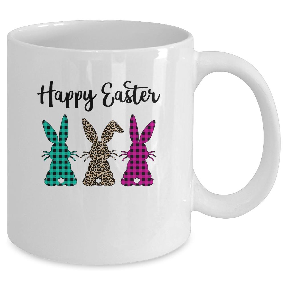 Happy Easter Buffalo Plaid Leopard Print Easter Bunnies Mug-Coffee Mug-