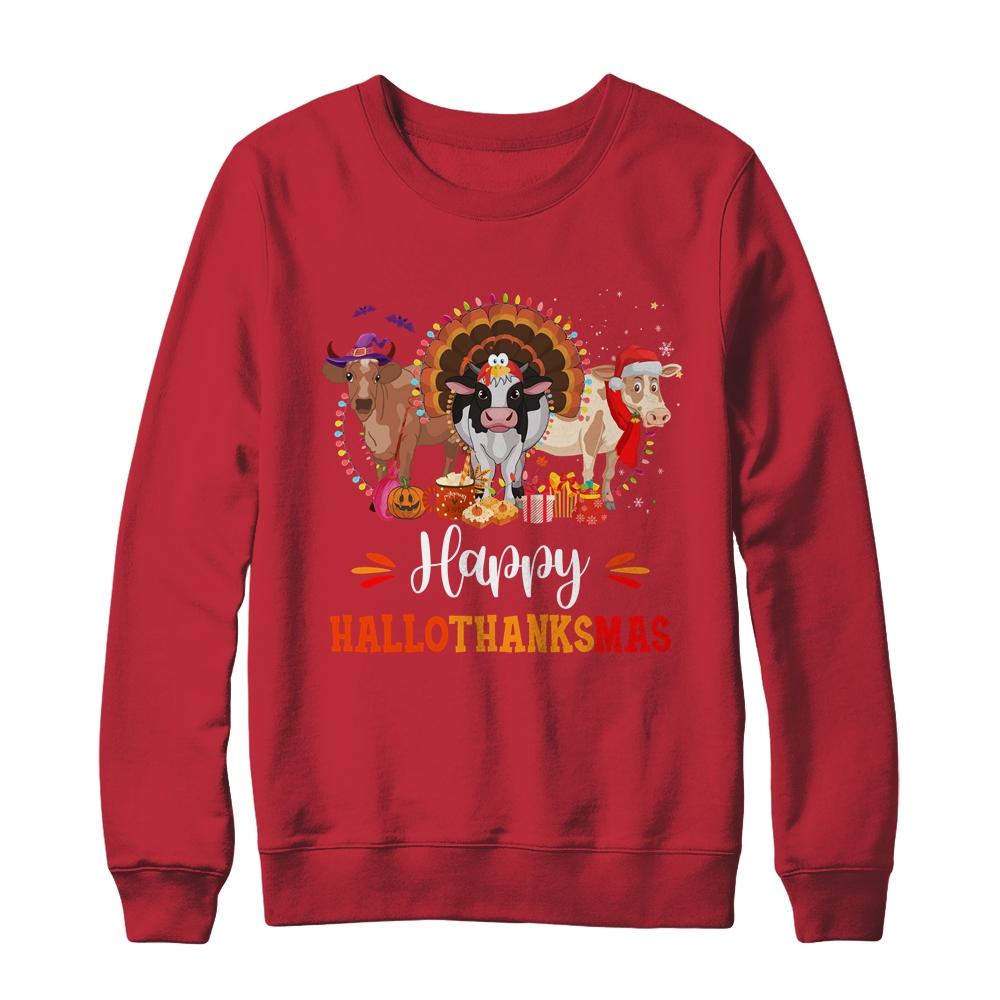 Happy Hallothanksmas Cow Turkey Halloween Thanksgiving Gifts-T-Shirt & Sweatshirt-Crewneck Sweatshirt-Red