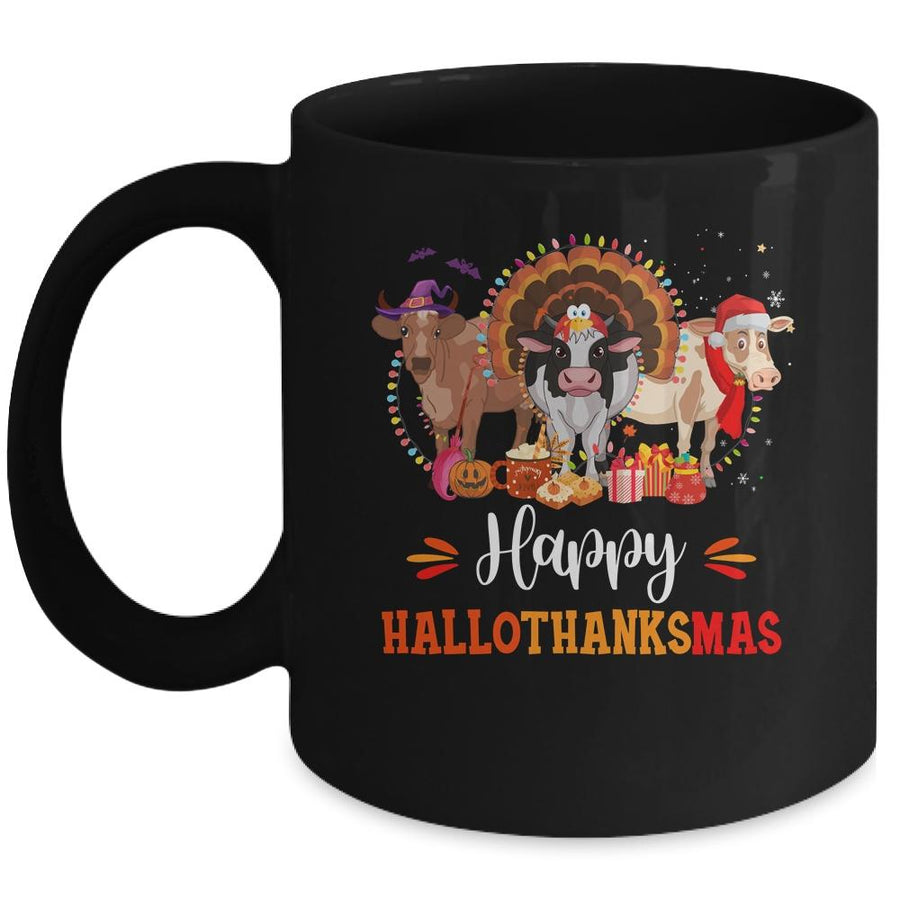 Happy Hallothanksmas Cow Turkey Halloween Thanksgiving Gifts Mug-Coffee Mug-Mug-Black