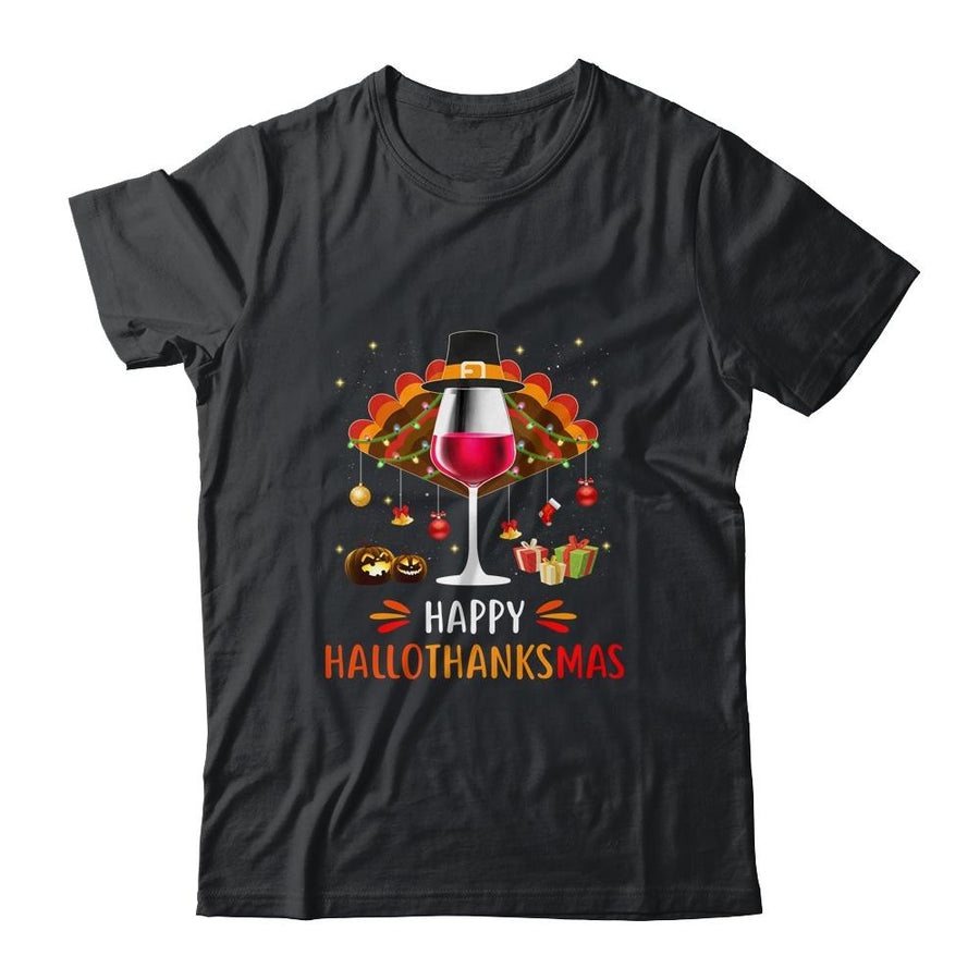 Happy Hallothanksmas Halloween Thanksgiving Wine Turkey-T-Shirt & Tank Top-Classic T-Shirt-Black