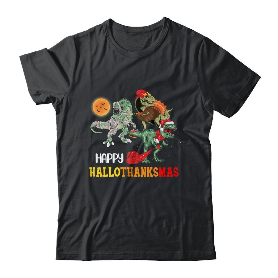 Happy Hallothanksmas Thanksgiving Dinosaur T-Rex Turkey-T-Shirt & Sweatshirt-Classic T-Shirt-Black