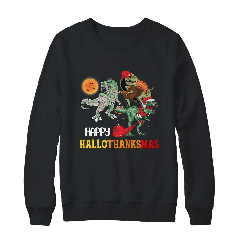 Happy Hallothanksmas Thanksgiving Dinosaur T-Rex Turkey-T-Shirt & Sweatshirt-Crewneck Sweatshirt-Black