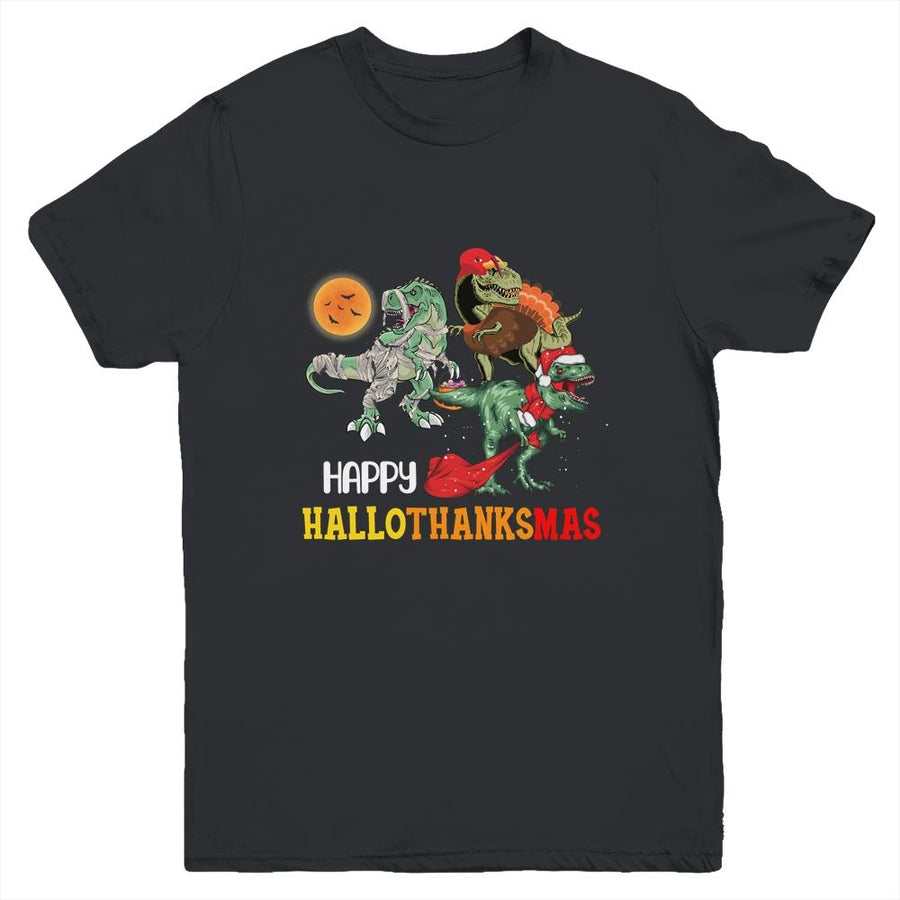 Happy Hallothanksmas Thanksgiving Dinosaur T-Rex Turkey Youth-Youth Shirt-Youth T-Shirt-Black