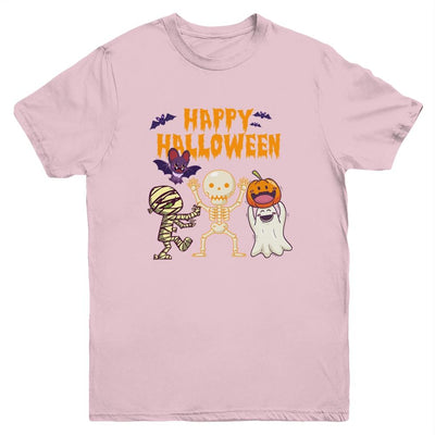 Happy Halloween Skeleton Pumpkin Ghost Cute Kids Boys Girls Youth-Youth Shirt-Youth T-Shirt-Light Pink