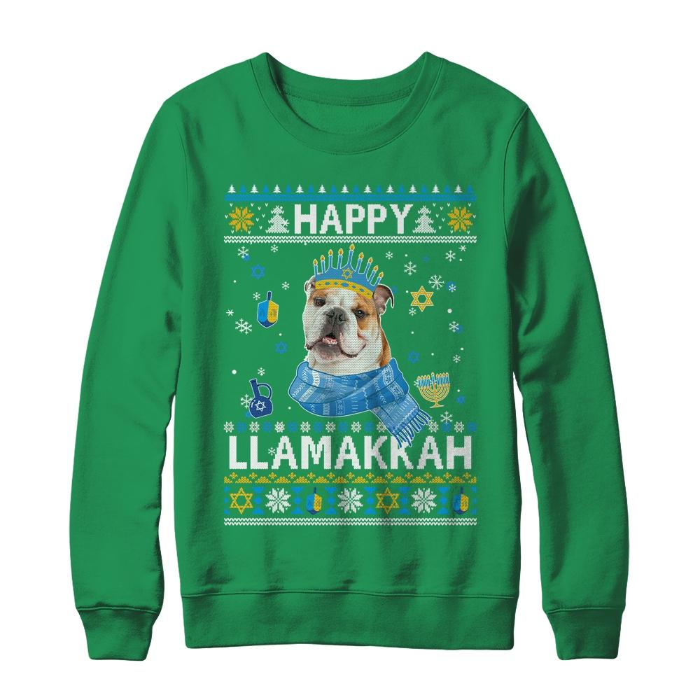 Happy Hanukkah Bulldog Hanukkah Ugly Sweater Christmas-T-Shirt & Sweatshirt-Crewneck Sweatshirt-Irish Green