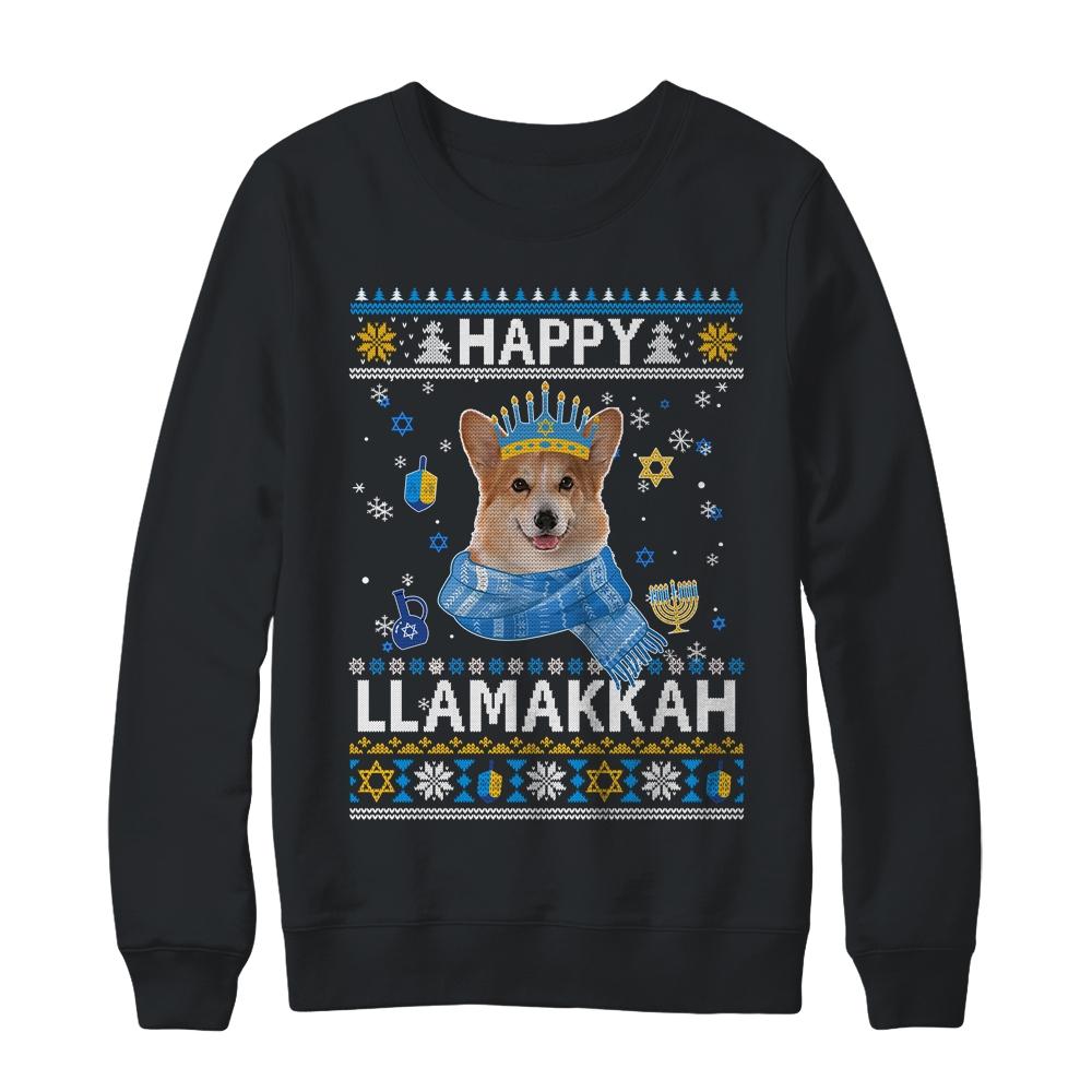 Happy Hanukkah Corgi Hanukkah Ugly Sweater Christmas-T-Shirt & Sweatshirt-Crewneck Sweatshirt-Black