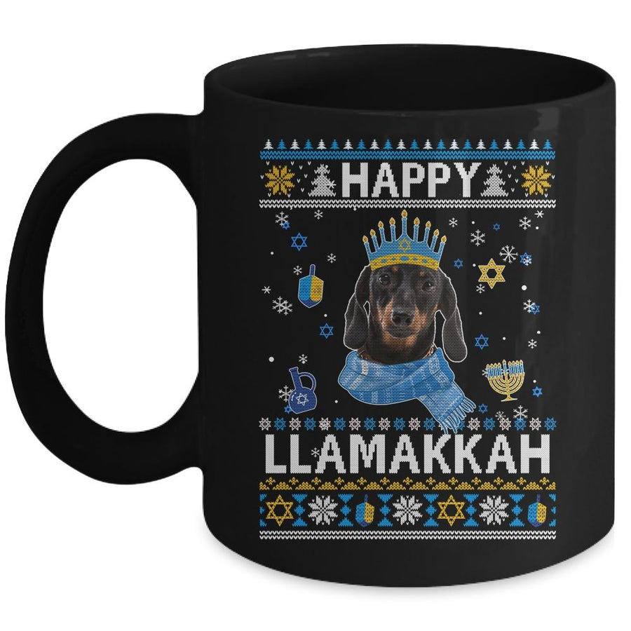 Happy Hanukkah Dachshund Hanukkah Ugly Sweater Christmas Mug-Coffee Mug-Mug-Black