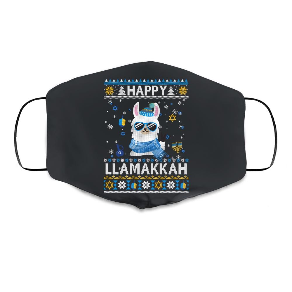 Happy Llamakkah Llama Ugly Hanukkah Ugly Sweater Cloth Face Mask-Cloth Face Mask-Cloth Face Mask-Black