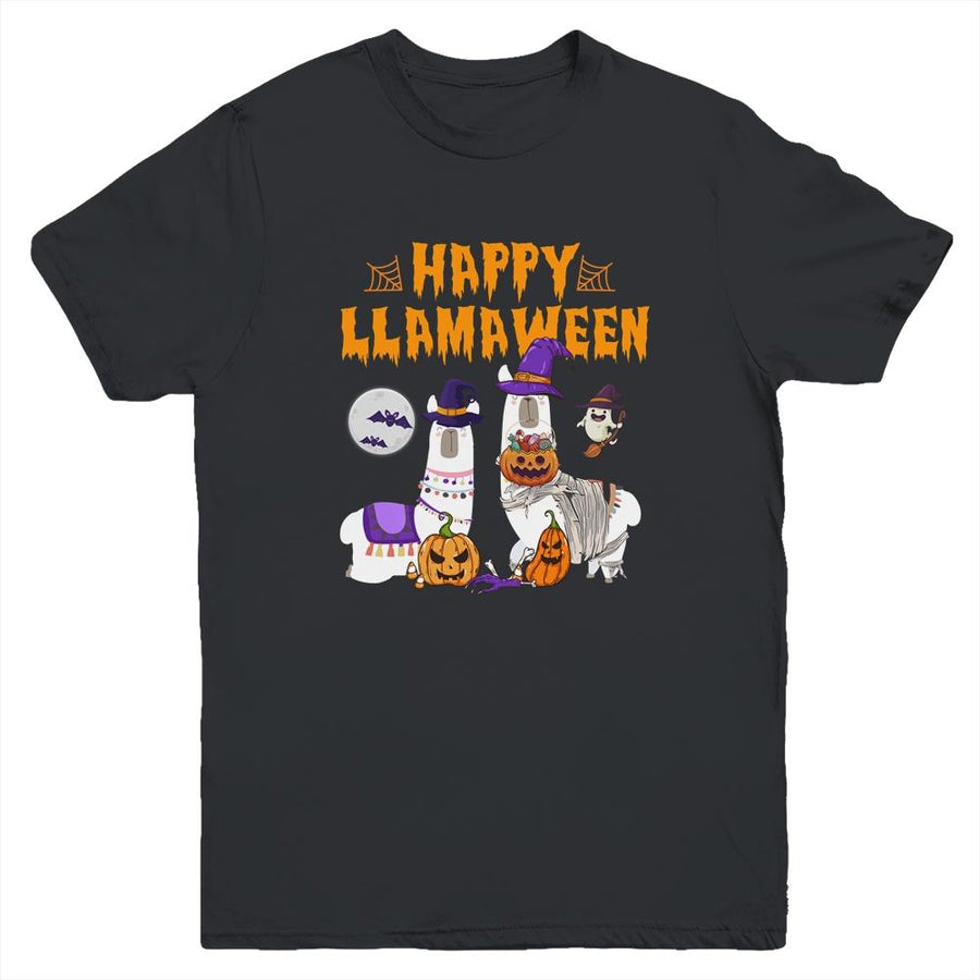 Happy Llamaween Llama Halloween Costume Kids Boys Girls Gift Youth-Youth Shirt-Youth T-Shirt-Black