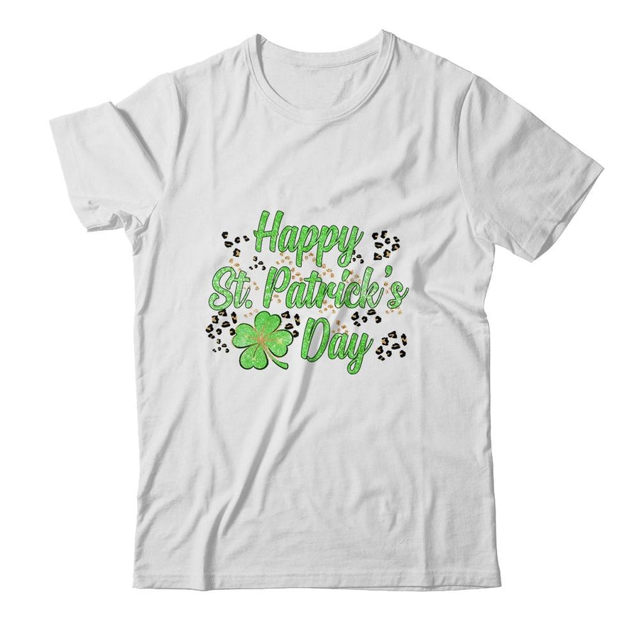 Happy St Patricks Day Leopard Four Leaf Cover-T-Shirt & Hoodie-Classic T-Shirt-White