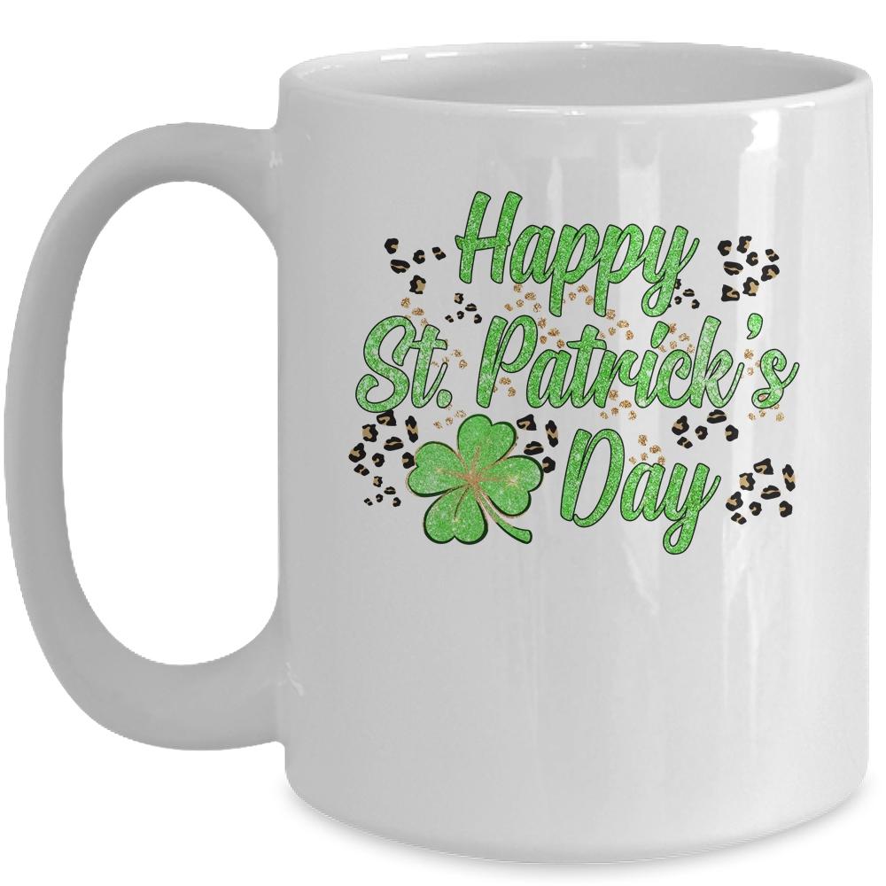 Happy St Patricks Day Leopard Four Leaf Cover Mug-Coffee Mug-Mug-White