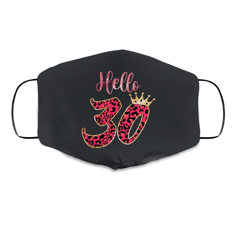 Hello 30 Years Leopard Print 30th Birthday Party Woman Cloth Face Mask-Cloth Face Mask-Cloth Face Mask-Black