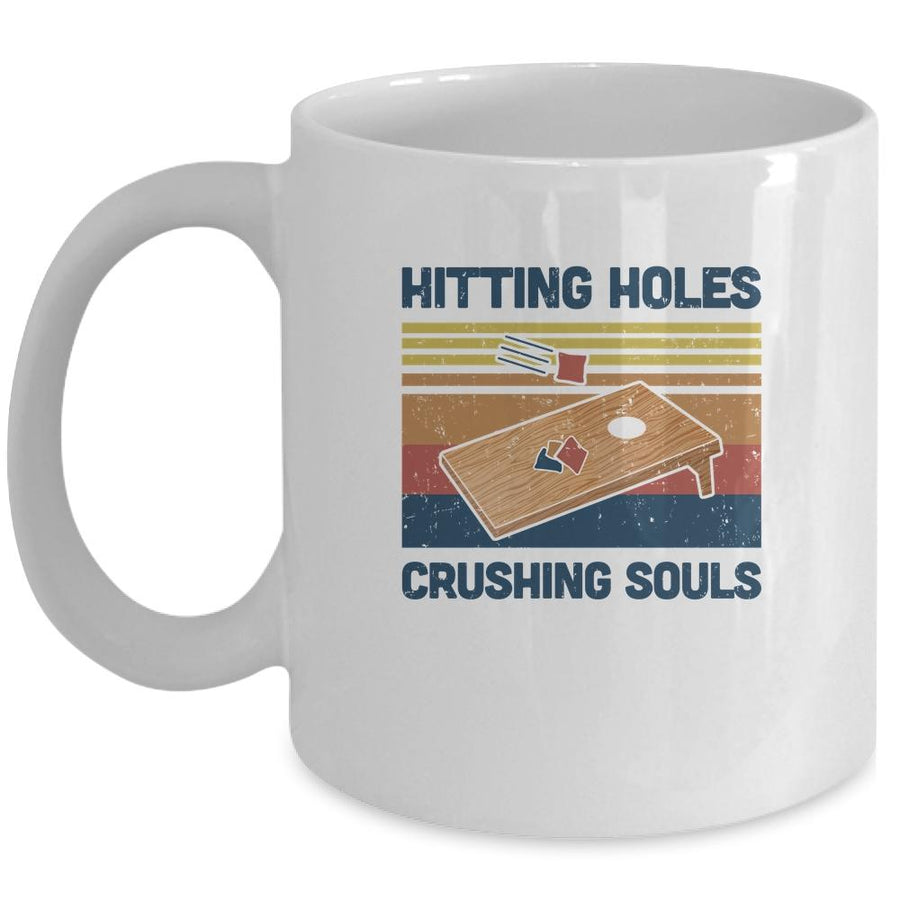 Hitting Holes And Crushing Souls Cornhole Vintage Retro Mug-Coffee Mug-Mug-White