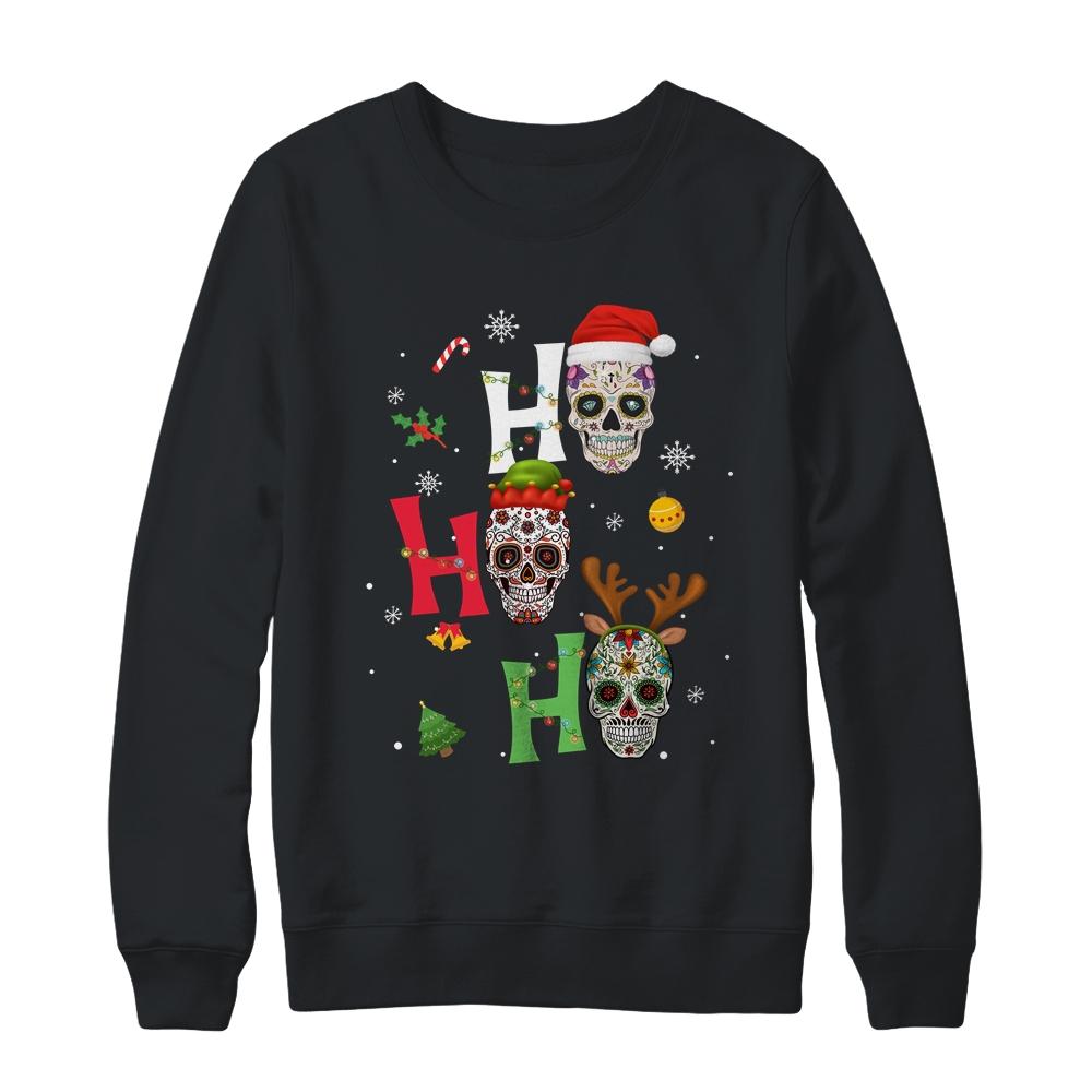 Ho Ho Ho Mexican Skull Santa Hat Christmas Funny Xmas Gift-T-Shirt & Sweatshirt-Crewneck Sweatshirt-Black