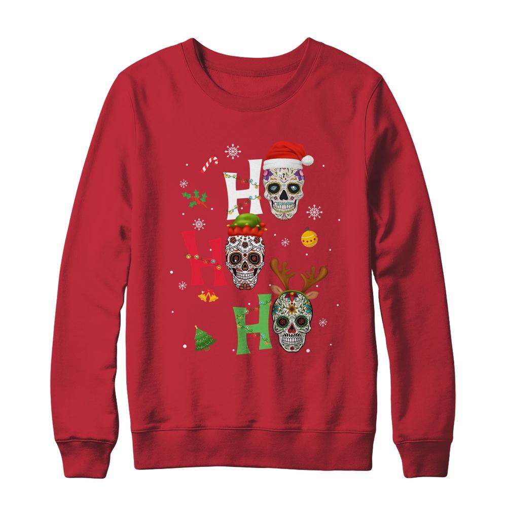 Ho Ho Ho Mexican Skull Santa Hat Christmas Funny Xmas Gift-T-Shirt & Sweatshirt-Crewneck Sweatshirt-Red
