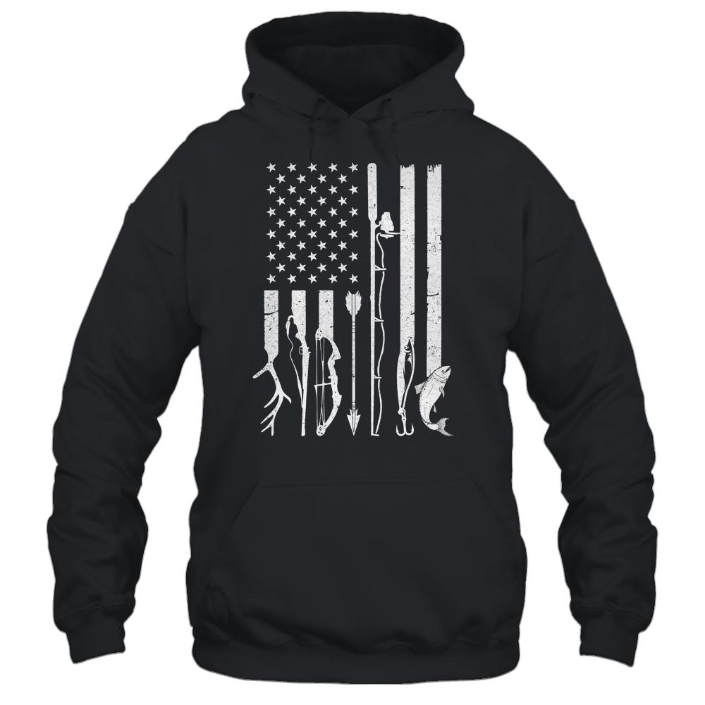 Hunting Fishing USA Flag American-T-Shirt & Hoodie-Pullover Hoodie-Black