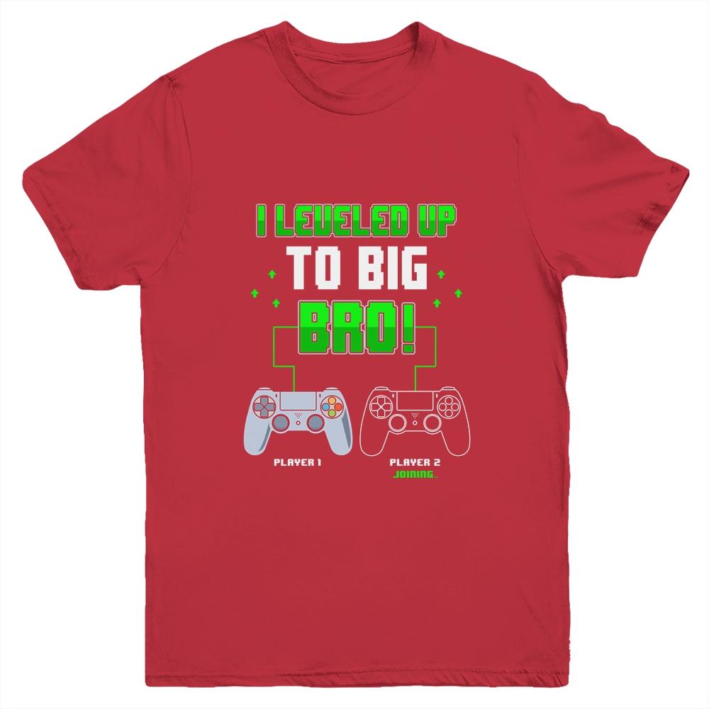 I Leveled Up To Big Bro Gamer New Brother Pregnancy Reveal Youth-Youth Shirt-Youth T-Shirt-Red