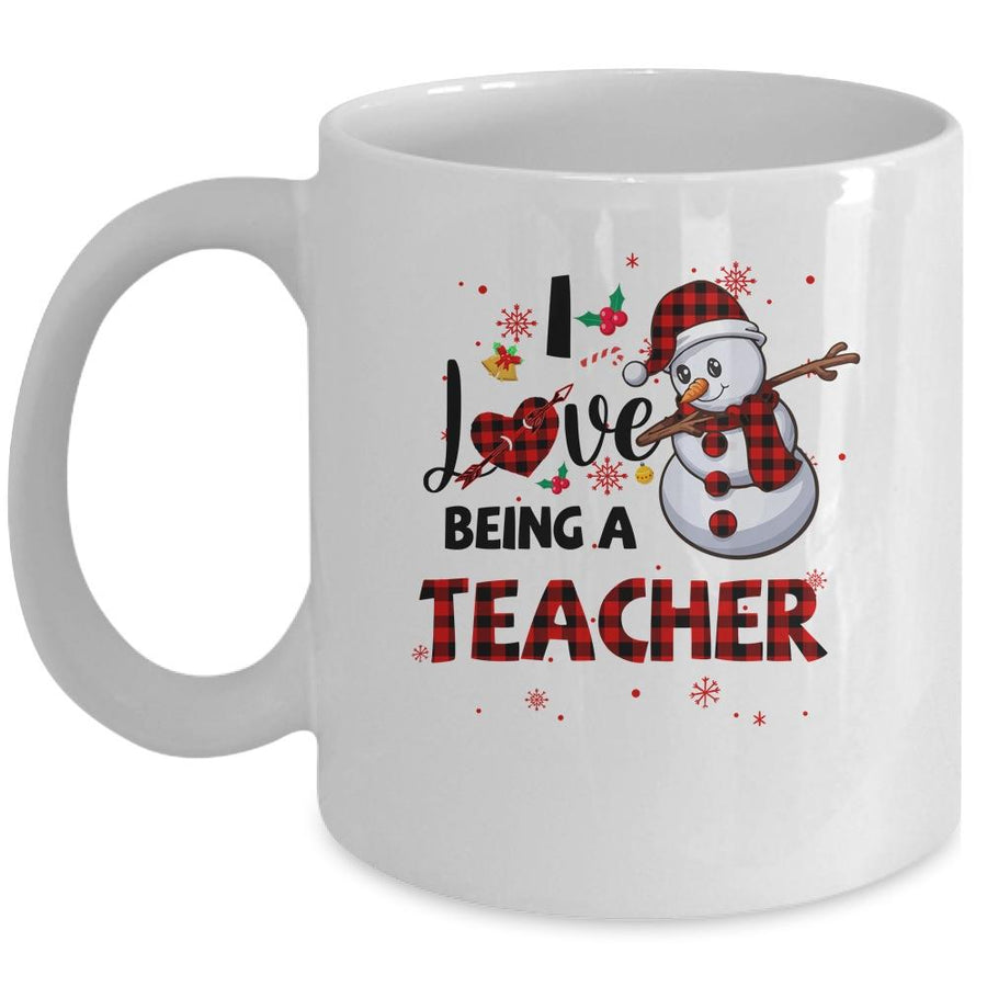 I Love Being A Teacher Snowman Dab Christmas Red Plaid Mug-Coffee Mug-Mug-White