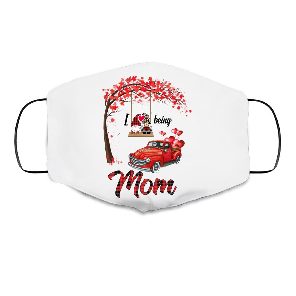 I Love Being Mom Gnome Red Plaid Heart Valentines Day Cloth Face Mask-Cloth Face Mask-Cloth Face Mask-White