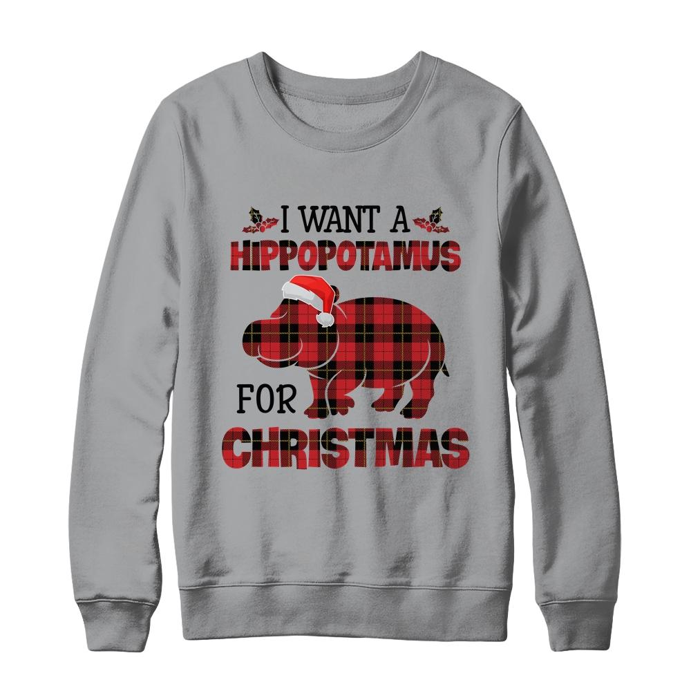 I Want A Hippopotamus For Christmas Hippo Buffalo Plaid Gift-T-Shirt & Sweatshirt-Crewneck Sweatshirt-Sport Grey