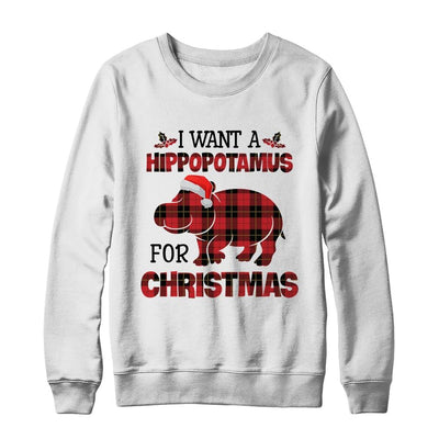 I Want A Hippopotamus For Christmas Hippo Buffalo Plaid Gift-T-Shirt & Sweatshirt-Crewneck Sweatshirt-White