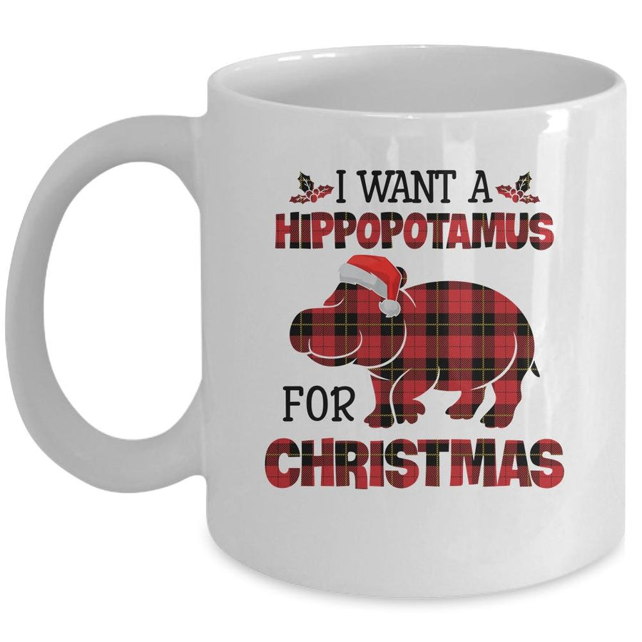 I Want A Hippopotamus For Christmas Hippo Buffalo Plaid Gift Mug-Coffee Mug-Mug-White