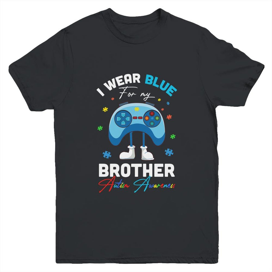 I Wear Blue For My Brother Autism Awareness Video Game Youth-Youth Shirt-Youth T-Shirt-Black