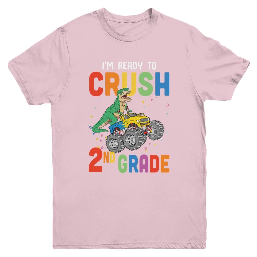 I'm Ready To Crush 2nd Grade Monster Truck Dinosaur Youth-Youth Shirt-Youth T-Shirt-Light Pink