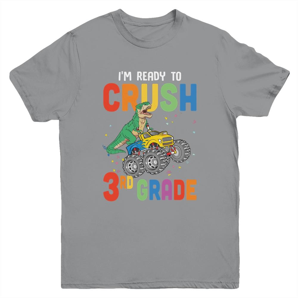 I'm Ready To Crush 3rd Grade Monster Truck Dinosaur Youth-Youth Shirt-Youth T-Shirt-Sport Grey