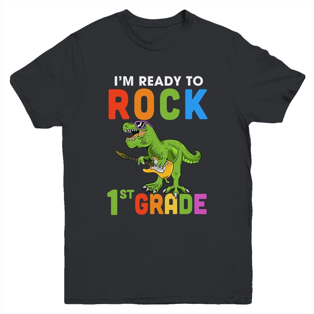 I'm Ready To Rock 1st Grade Dinosaur Back To School Youth-Youth Shirt-Youth T-Shirt-Black
