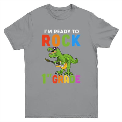 I'm Ready To Rock 1st Grade Dinosaur Back To School Youth-Youth Shirt-Youth T-Shirt-Sport Grey
