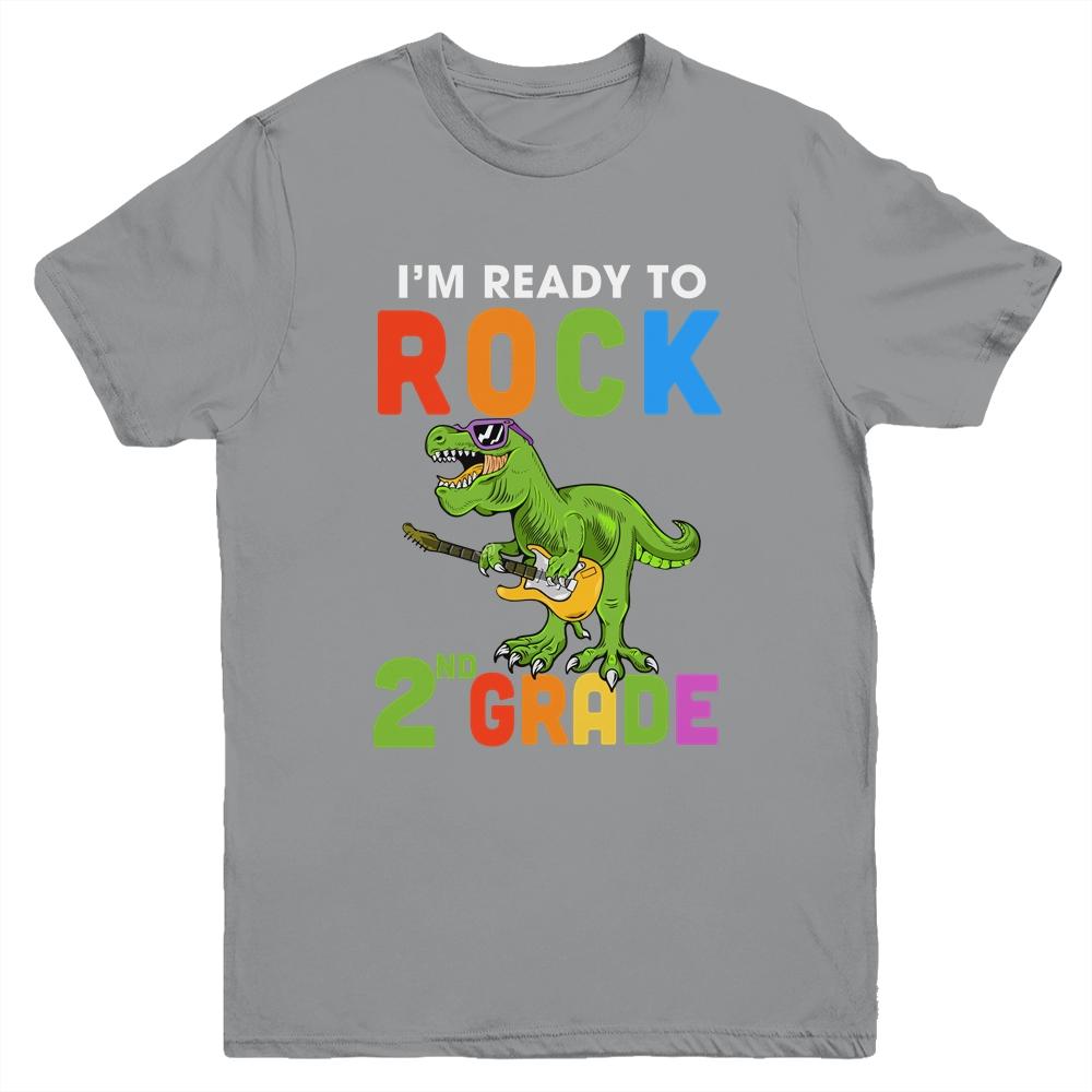 I'm Ready To Rock 2nd Grade Dinosaur Back To School Youth-Youth Shirt-Youth T-Shirt-Sport Grey