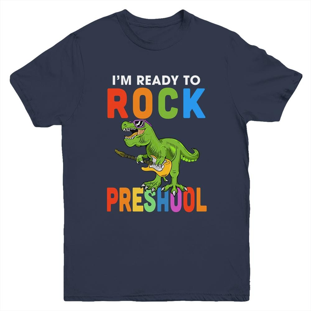 I'm Ready To Rock Preschool Dinosaur Back To School Youth-Youth Shirt-Youth T-Shirt-Navy